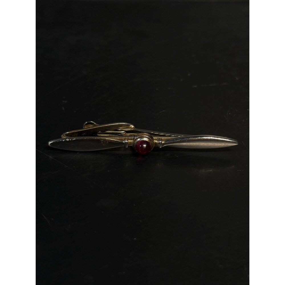 Vintage Hickok Airplane Propeller Tie Clip Red Cabochon